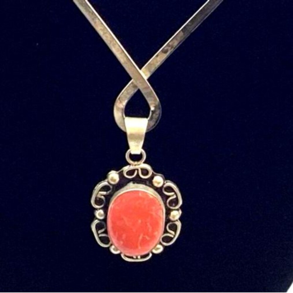 Mexico Branded Silver Necklace Pink Coral Cabashon With Matching Earrings NWOT